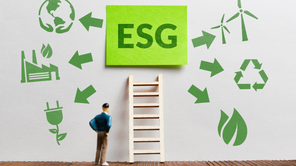 a man is watching a esg poster in green and the pointers it denotes
